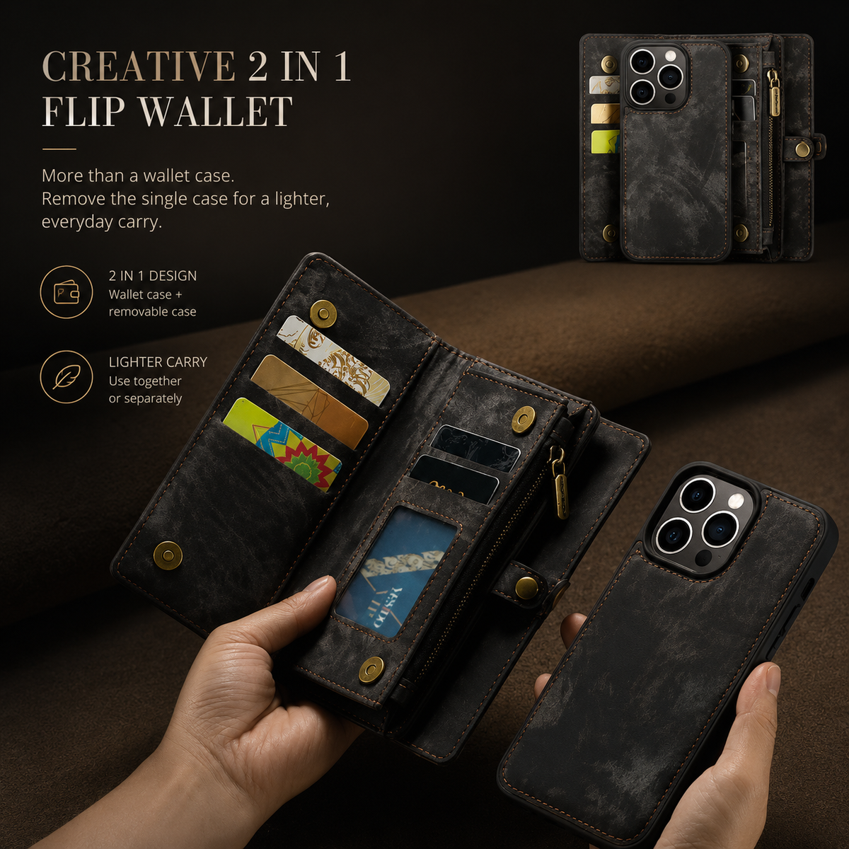 Premium iPhone Case Magnetic Wallet Cover Removable Leather Zipper Card Holder Lanyard Strap Shockproof Full Coverage Anti Scratch Protective Design