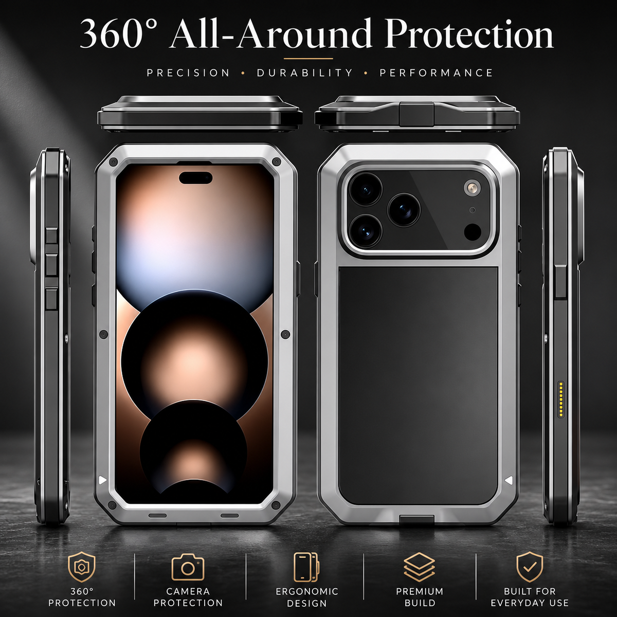 Premium iPhone Case Metal Shockproof Protective Cover Built In Glass Screen Protector Dual Layer PC TPU Rugged Heavy Duty Anti Slip Full Coverage