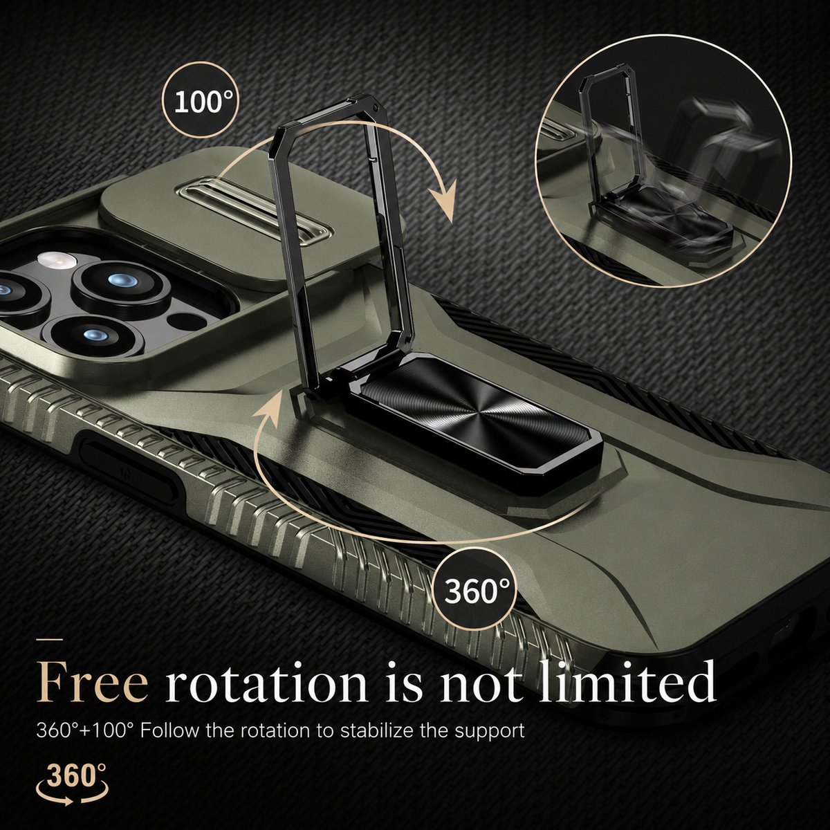 Premium iPhone Case Military Grade Shockproof Protective Cover Slide Camera Lens Protection Rotary Stand Anti Slip Rugged Dual Layer PC TPU Design