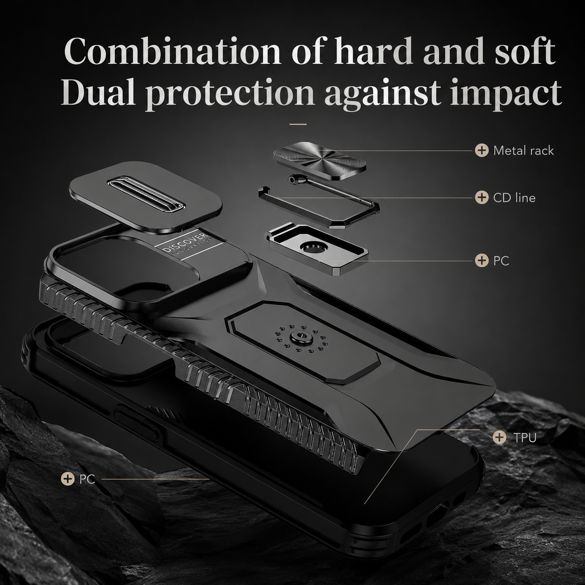 Premium iPhone Case Military Grade Shockproof Protective Cover Slide Camera Lens Protection Rotary Stand Anti Slip Rugged Dual Layer PC TPU Design