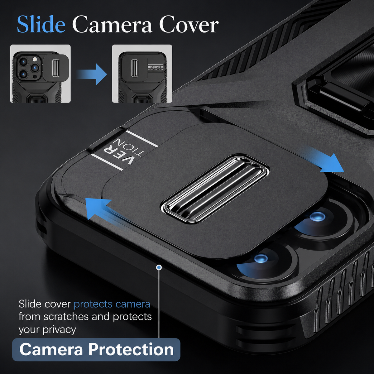 Premium iPhone Case Military Grade Shockproof Protective Cover Slide Camera Lens Protection Rotary Stand Anti Slip Rugged Dual Layer PC TPU Design