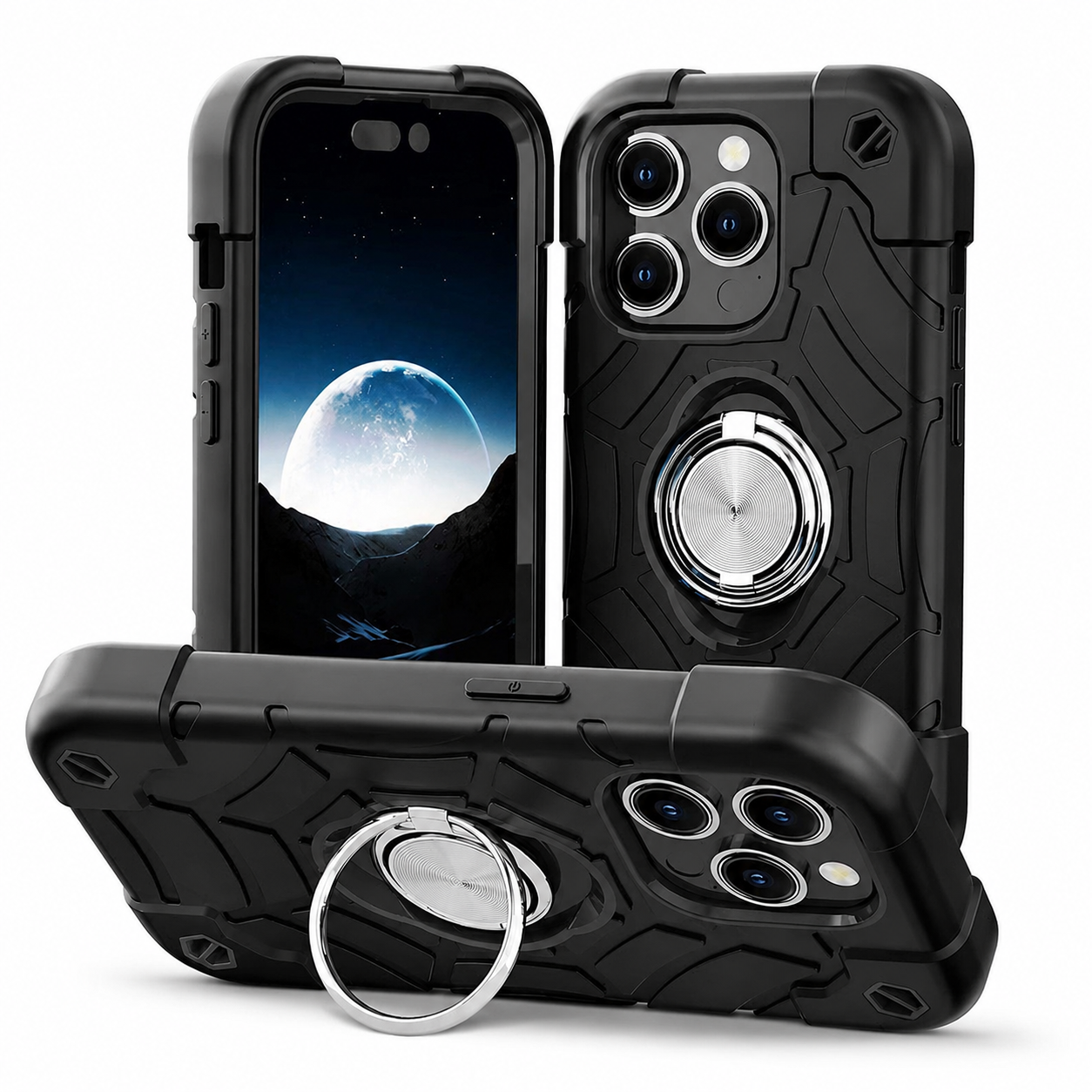 Premium iPhone Case Rugged Armor Cover Dual Layer Shockproof PC TPU Ring Holder Kickstand Anti Slip Grip Full Protection Design