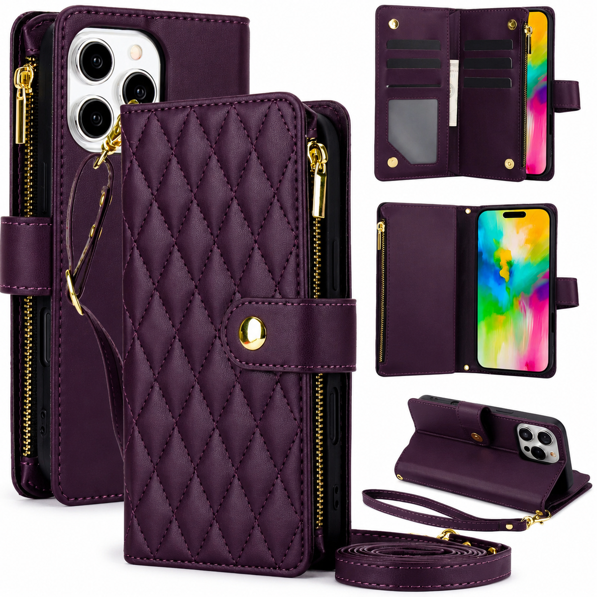 Premium iPhone Case Wallet Flip Cover Magnetic Zipper Card Holder Leather Chain Strap Shockproof Anti Scratch Full Coverage Protective Design