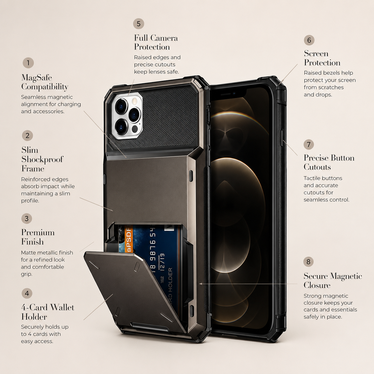 Premium iPhone Case Wallet MagSafe Compatible Magnetic Card Holder Shockproof Protective Cover Camera Lens Protection Slim Full Coverage