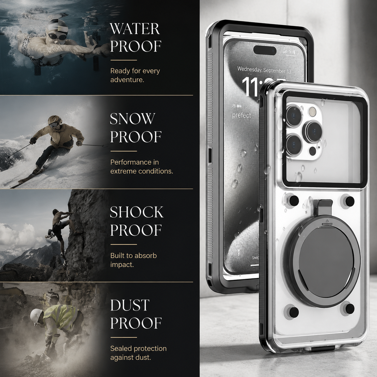 Premium iPhone Case Waterproof IP68 Protective Cover Full Body Shockproof Vacuum Seal System Underwater Touchscreen Access Dustproof Durable Design