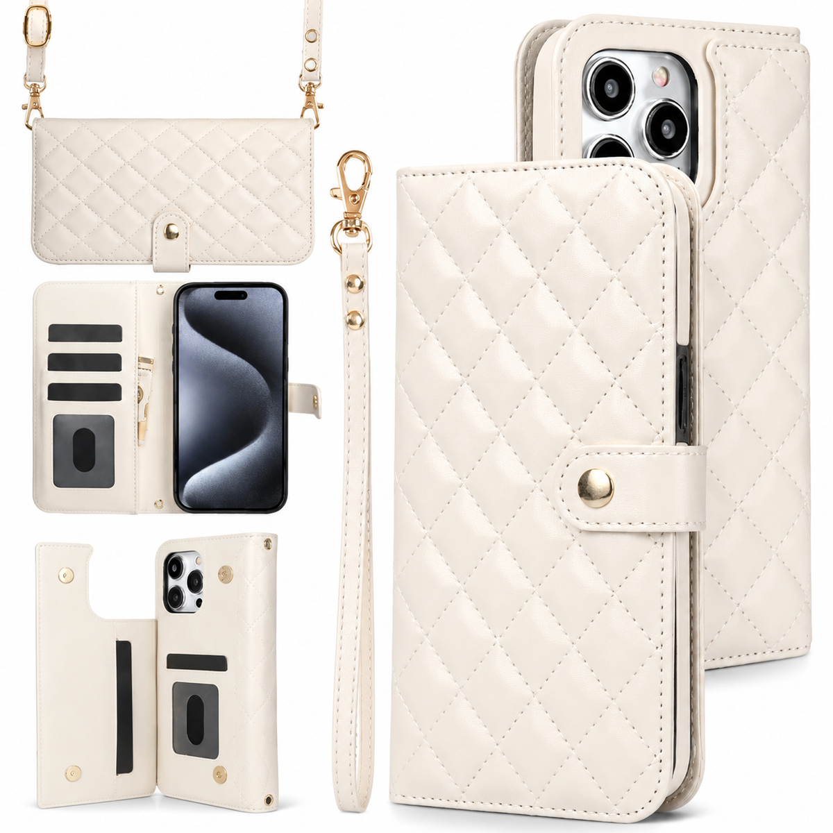 Premium iPhone Wallet Case Crossbody Flip Cover RFID Blocking Card Holder PU Leather Magnetic Closure Shockproof Full Coverage Strap Protective Case