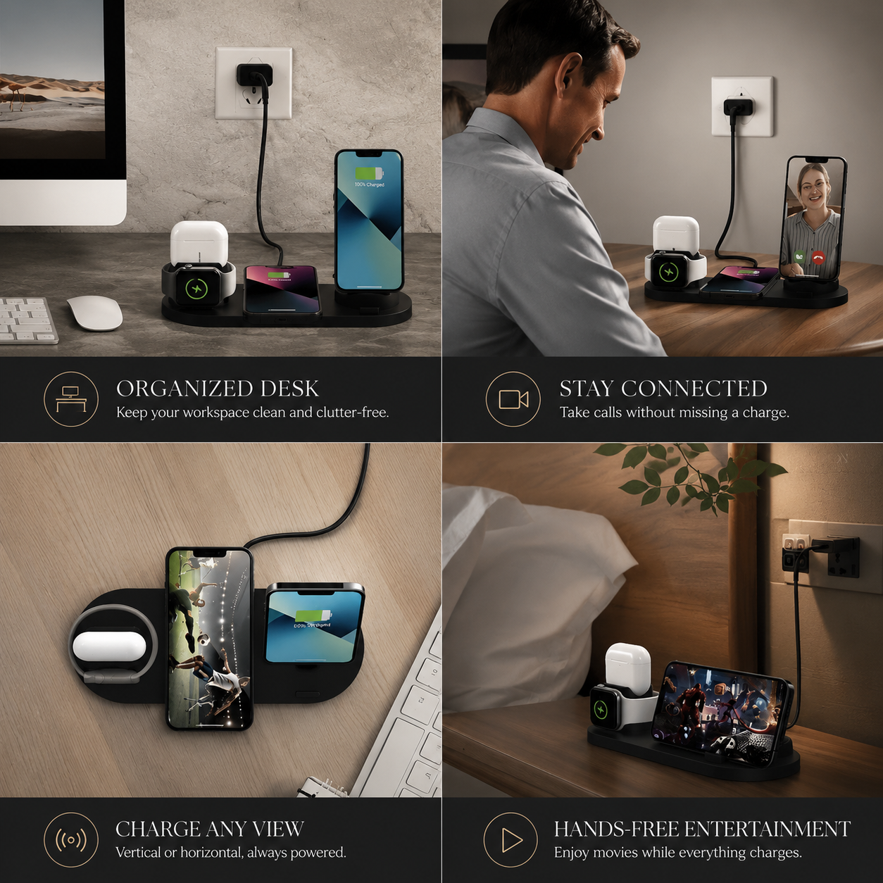 Premium Wireless Charger Fast Charging Station Foldable Multi Device Charging Dock Magnetic Stand for Smartphones Watches Earbuds Travel Organizer