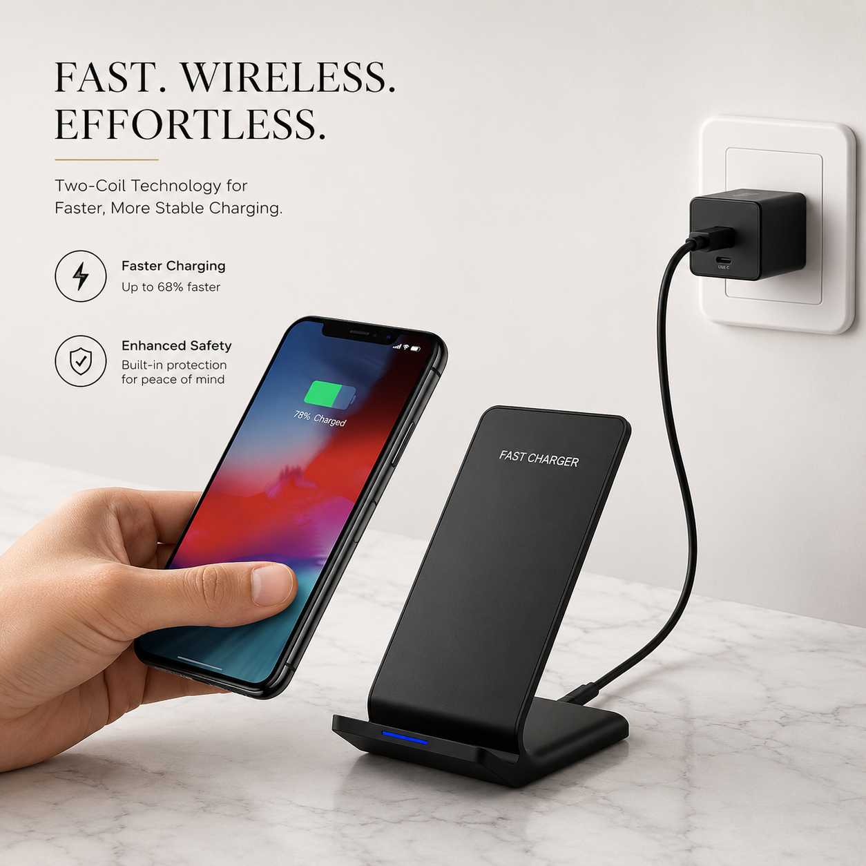 Premium Wireless Charger Fast Wireless Charging Foldable Charging Stand Portable Charging Dock Compatible with iPhone Adjustable Design for Travel