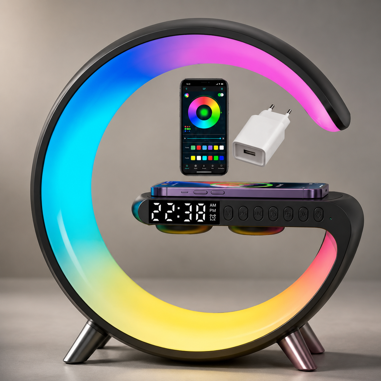 Premium Wireless Charging Station Fast Charger Bluetooth Speaker RGB LED Clock USB-C Charging Dock Multi Device Desktop Stand Organizer Desk Setup Hub