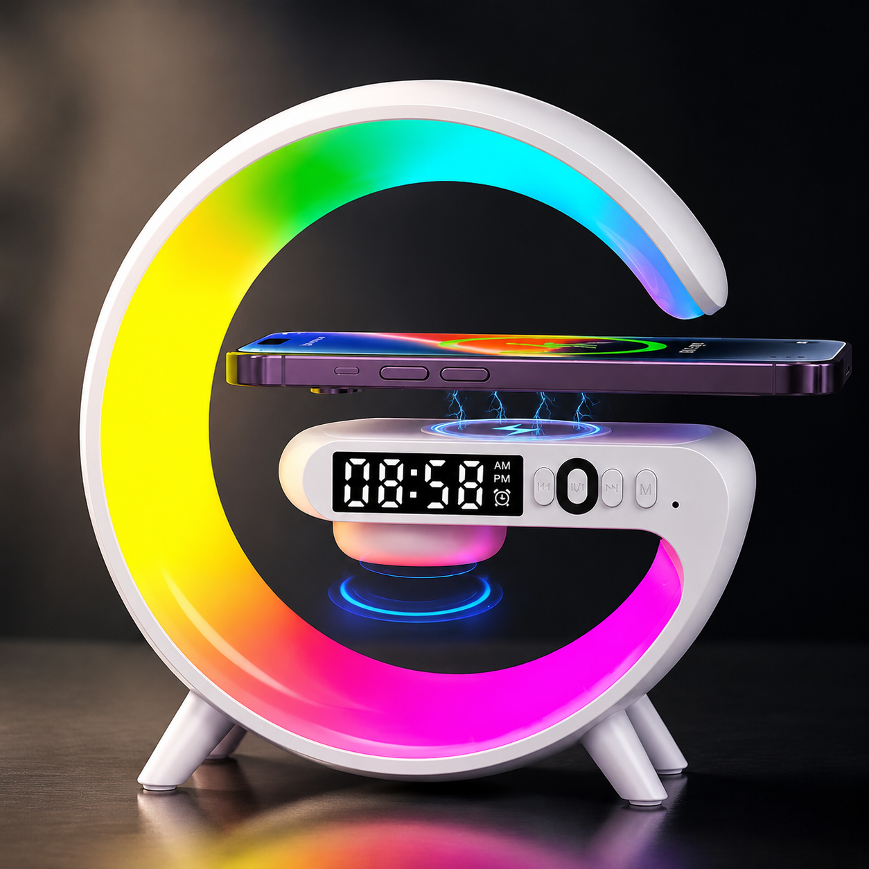 Premium Wireless Charging Station Fast Charger Bluetooth Speaker RGB LED Clock USB-C Charging Dock Multi Device Desktop Stand Organizer Desk Setup Hub