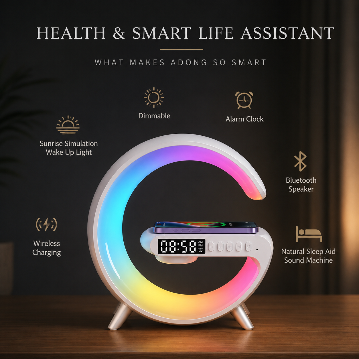 Premium Wireless Charging Station Fast Charger Bluetooth Speaker RGB LED Clock USB-C Charging Dock Multi Device Desktop Stand Organizer Desk Setup Hub