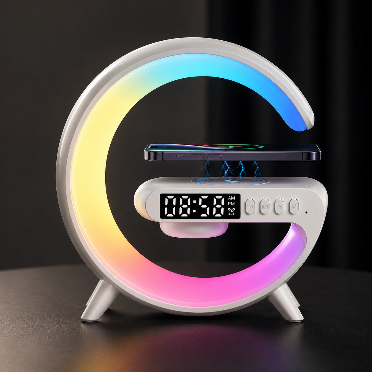 Premium Wireless Charging Station Fast Charger Bluetooth Speaker RGB LED Clock USB-C Charging Dock Multi Device Desktop Stand Organizer Desk Setup Hub