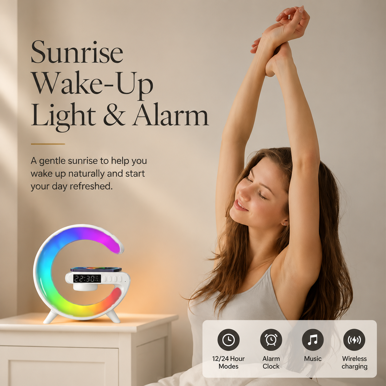 Premium Wireless Charging Station Fast Charger Bluetooth Speaker RGB LED Clock USB-C Charging Dock Multi Device Desktop Stand Organizer Desk Setup Hub