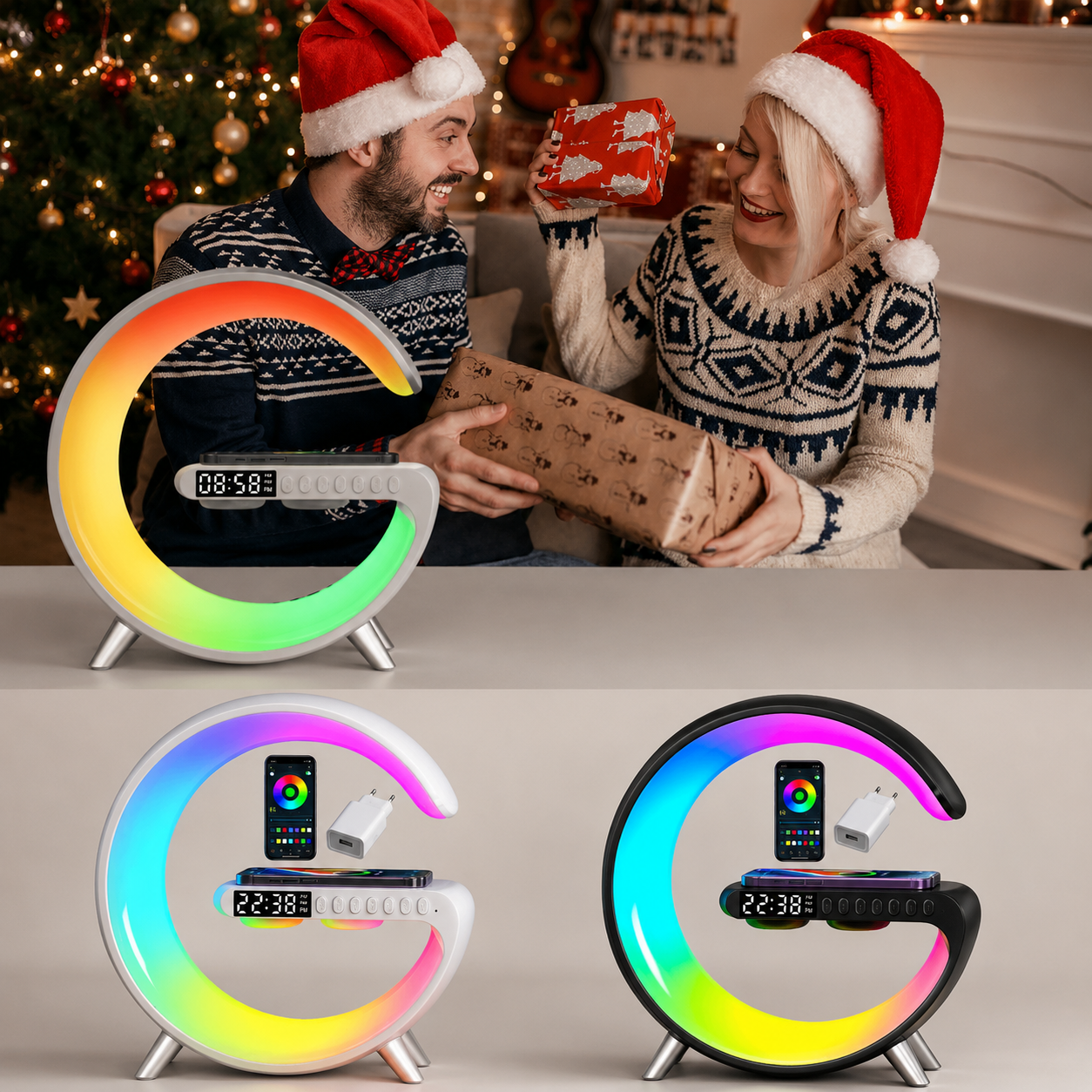 Premium Wireless Charging Station Fast Charger Bluetooth Speaker RGB LED Clock USB-C Charging Dock Multi Device Desktop Stand Organizer Desk Setup Hub