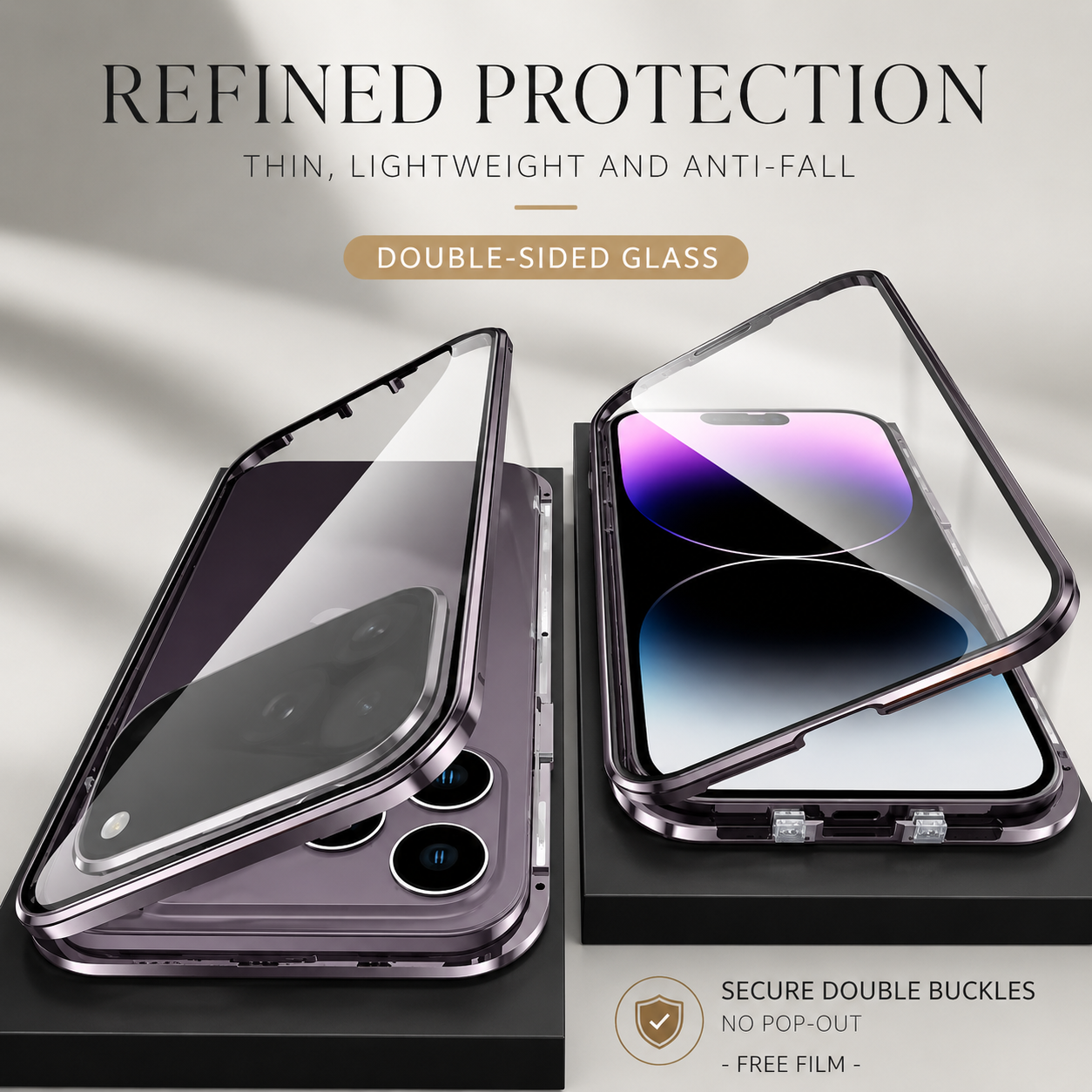 Premium iPhone Case 360 Full Protection Magnetic Glass Cover Aluminum Frame Snap Lock Shockproof Anti Scratch Clear Full Coverage Protective Case