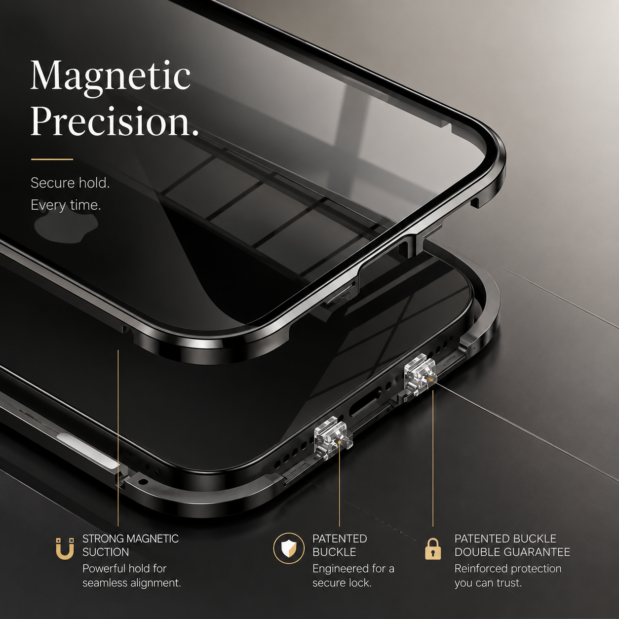 Premium iPhone Case 360 Full Protection Magnetic Glass Cover Aluminum Frame Snap Lock Shockproof Anti Scratch Clear Full Coverage Protective Case