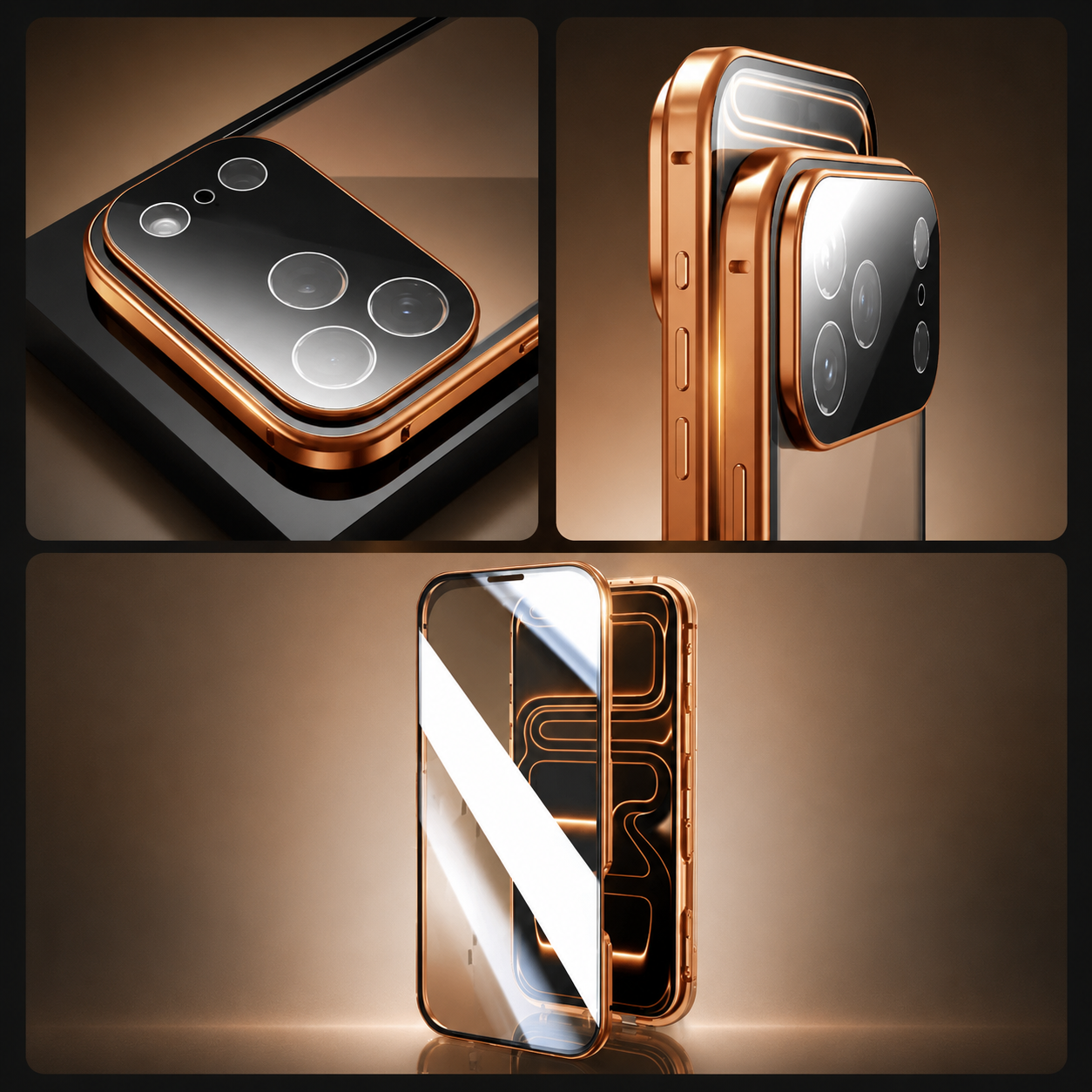 Premium iPhone Case 360 Full Protection Magnetic Glass Cover Aluminum Frame Snap Lock Shockproof Anti Scratch Clear Full Coverage Protective Case