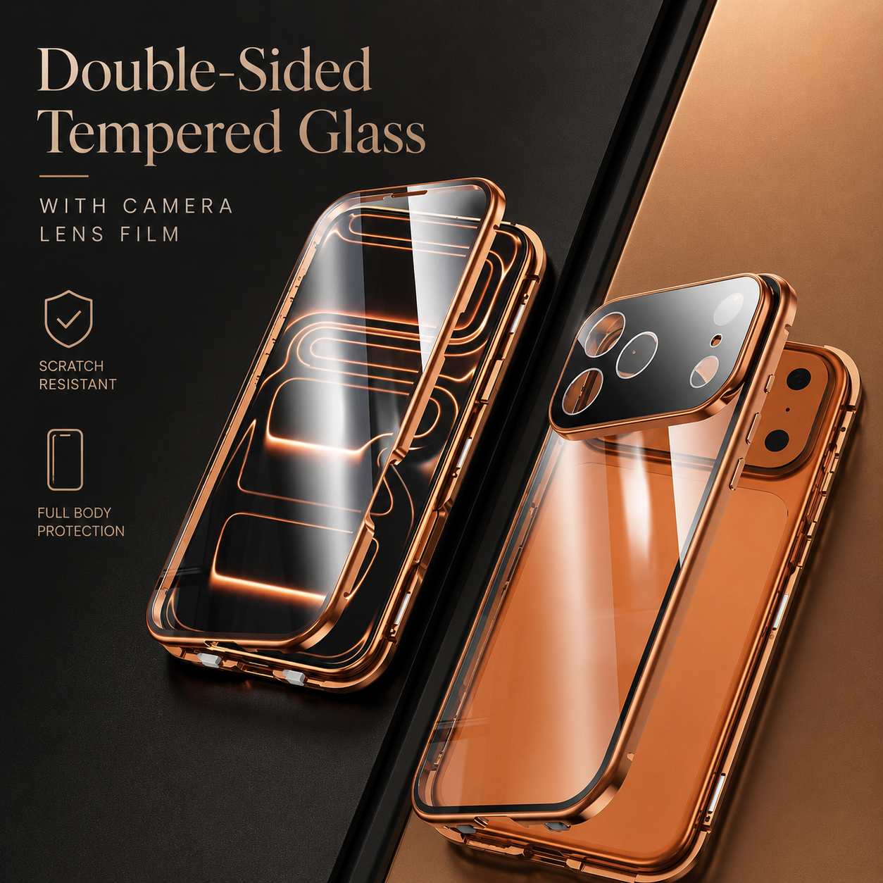 Premium iPhone Case 360 Full Protection Magnetic Glass Cover Aluminum Frame Snap Lock Shockproof Anti Scratch Clear Full Coverage Protective Case