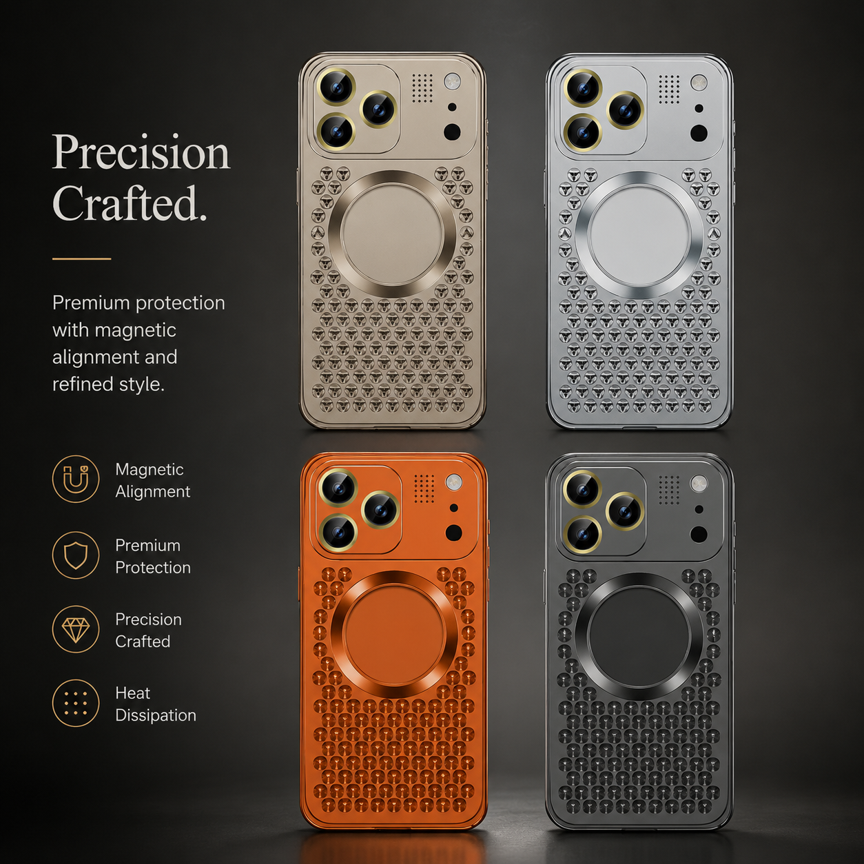 Premium iPhone Case Aluminum Alloy Magnetic Cover Heat Dissipation Metal Frame Shockproof Camera Lens Guard Slim Lightweight Full Coverage Design