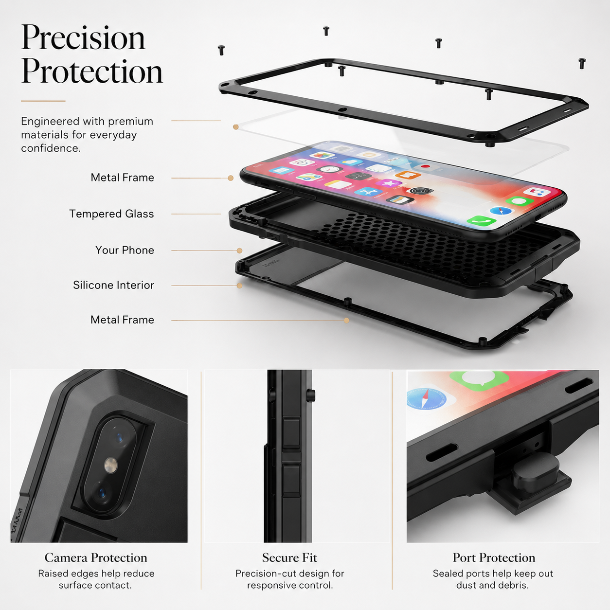 Premium iPhone Case Aluminum Metal Armor Bumper Shockproof Protective Cover Anti Fingerprint Non Slip Camera Protection Full Coverage Rugged Design