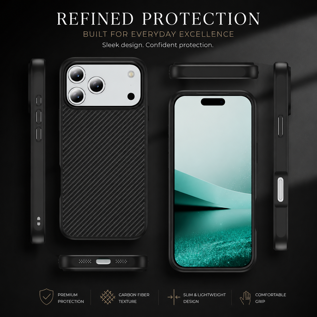 Premium iPhone Case Carbon Fiber Protective Cover Shockproof Drop Resistant Anti Fingerprint Non Slip Scratch Resistant Slim Full Coverage Design