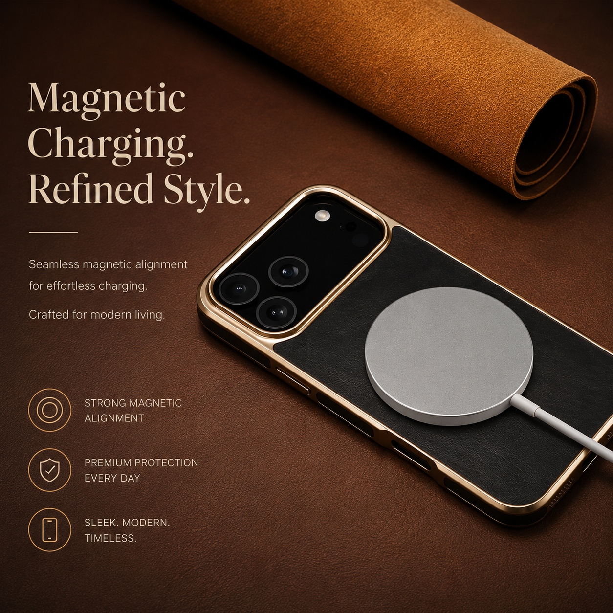 Premium iPhone Case Cowhide Leather Protective Cover MagSafe Compatible Electroplated Edge Camera Lens Protection Anti Fingerprint Non Slip Slim