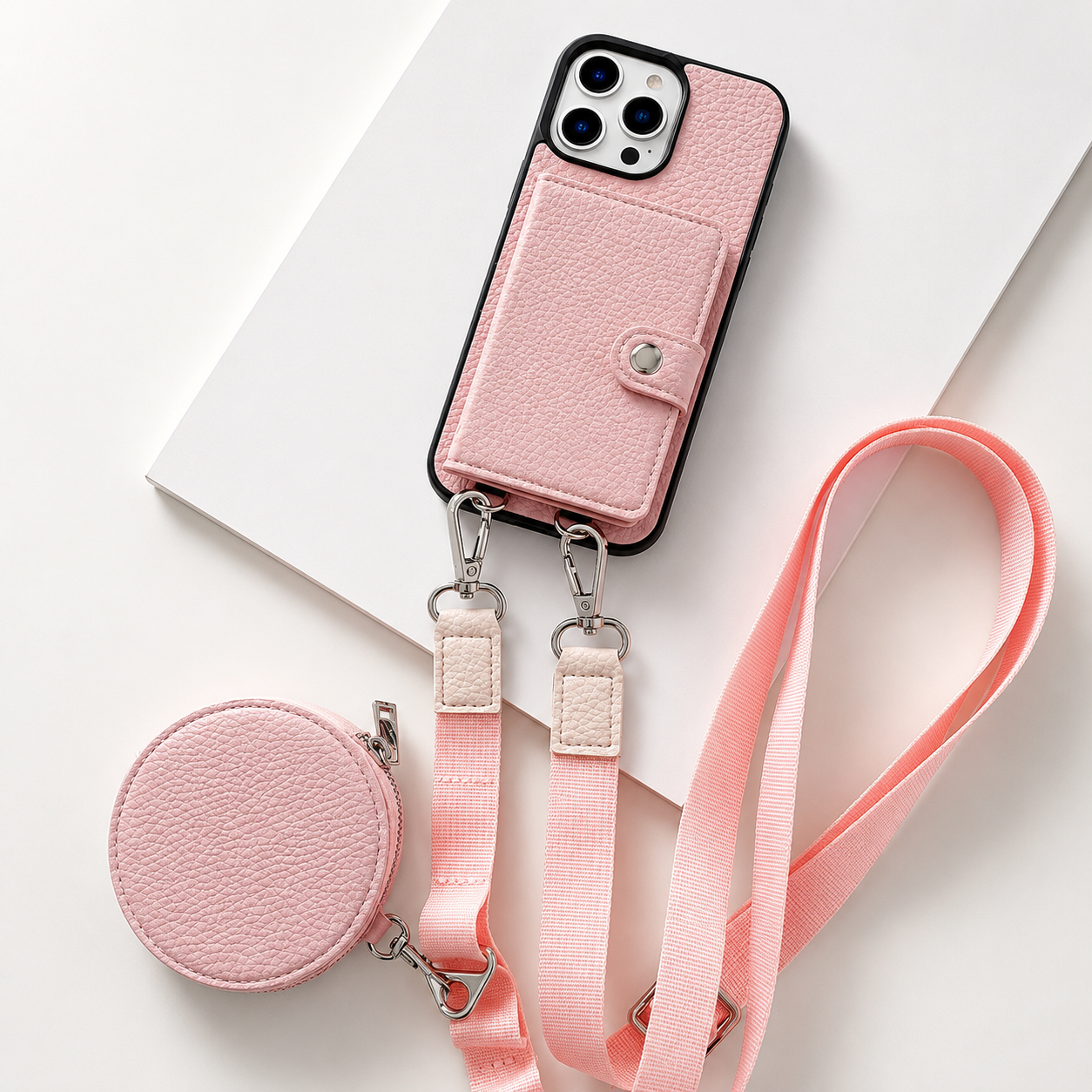 Premium iPhone Case Crossbody Wallet Cover Card Holder Zipper Coin Purse Lanyard Strap Shockproof PU Leather Protective Full Coverage Anti Scratch Design