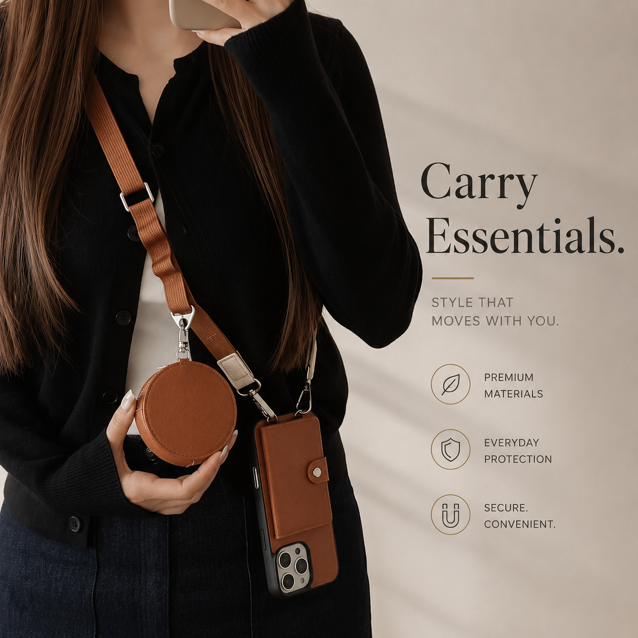 Premium iPhone Case Crossbody Wallet Cover Card Holder Zipper Coin Purse Lanyard Strap Shockproof PU Leather Protective Full Coverage Anti Scratch Design