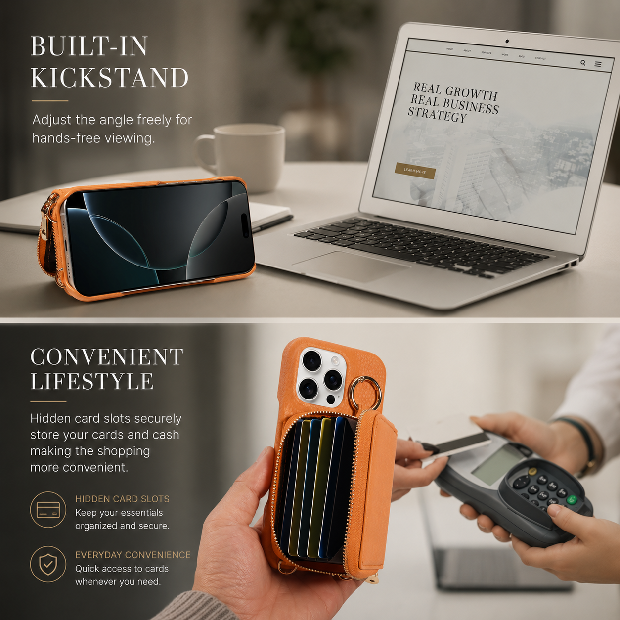 Premium iPhone Case Crossbody Wallet Cover Faux Leather Card Holder Ring Stand Shockproof Anti Scratch Lightweight Full Coverage Protective Design