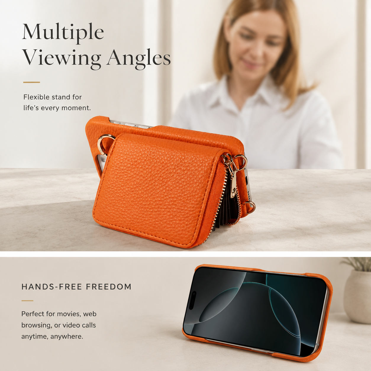 Premium iPhone Case Crossbody Wallet Cover Faux Leather Card Holder Ring Stand Shockproof Anti Scratch Lightweight Full Coverage Protective Design