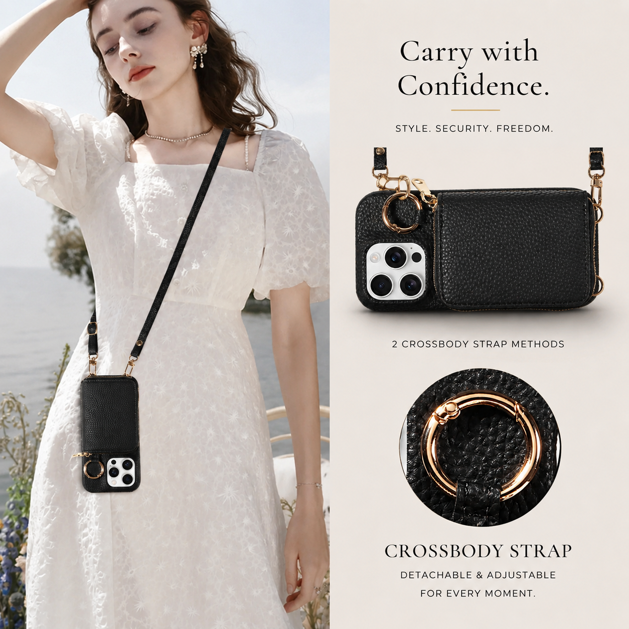 Premium iPhone Case Crossbody Wallet Cover Faux Leather Card Holder Ring Stand Shockproof Anti Scratch Lightweight Full Coverage Protective Design
