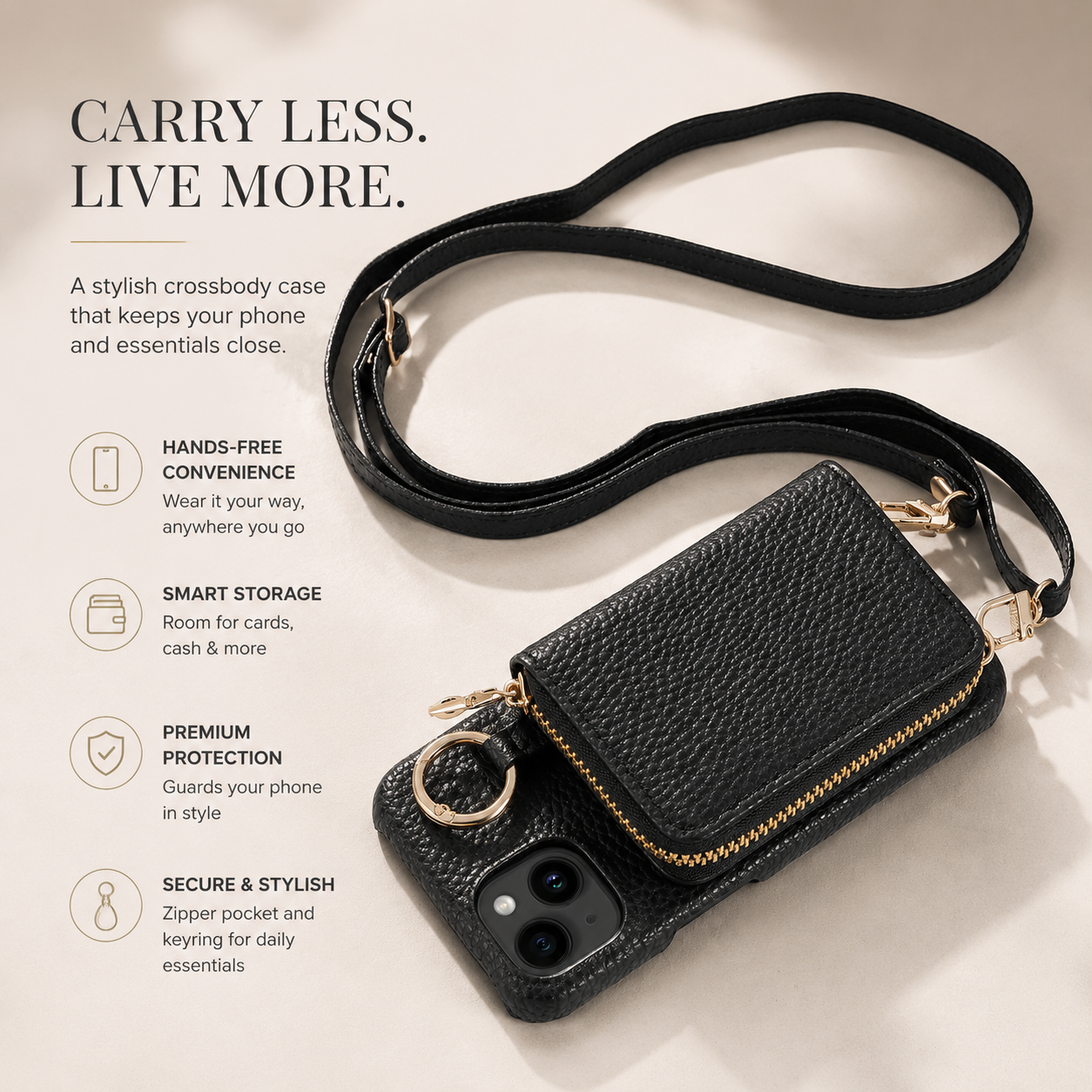 Premium iPhone Case Crossbody Wallet Cover Faux Leather Card Holder Ring Stand Shockproof Anti Scratch Lightweight Full Coverage Protective Design