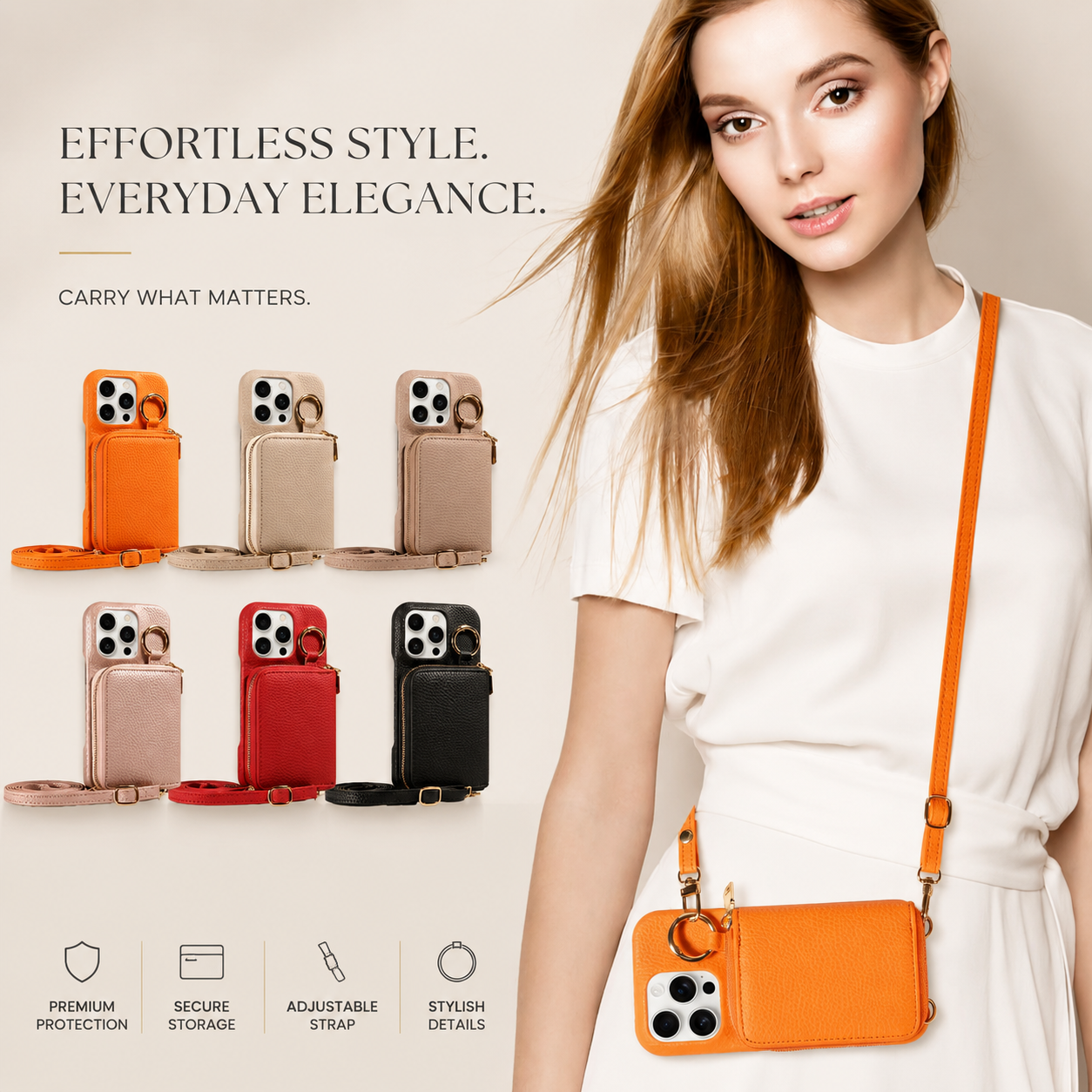 Premium iPhone Case Crossbody Wallet Cover Faux Leather Card Holder Ring Stand Shockproof Anti Scratch Lightweight Full Coverage Protective Design