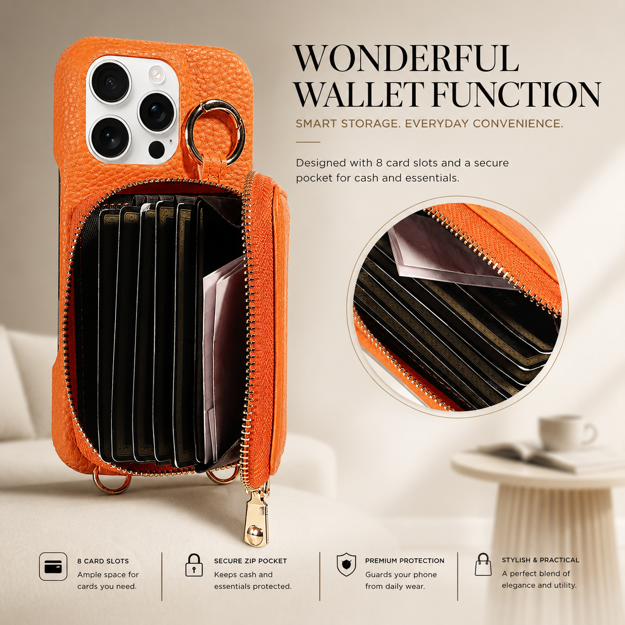 Premium iPhone Case Crossbody Wallet Cover Faux Leather Card Holder Ring Stand Shockproof Anti Scratch Lightweight Full Coverage Protective Design