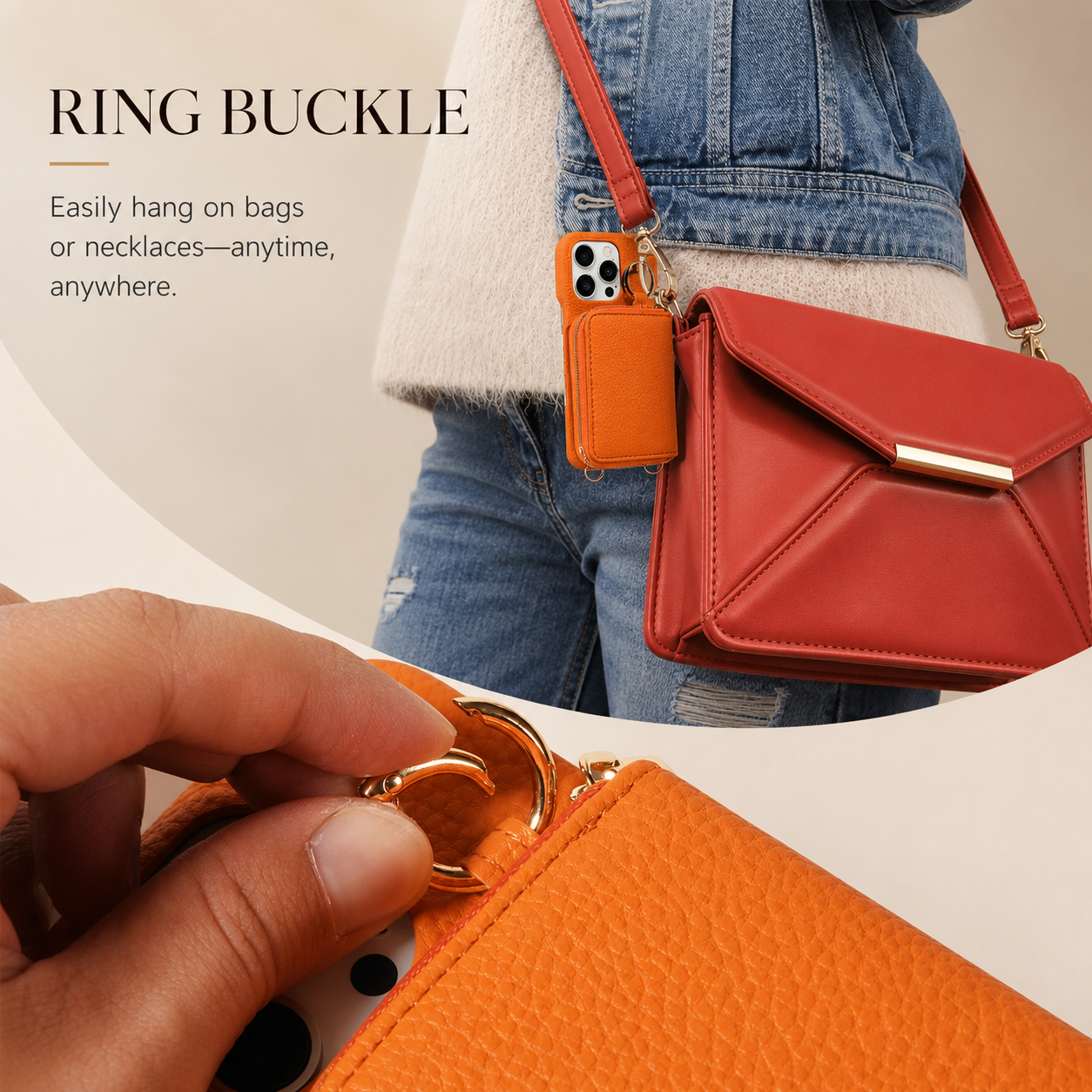 Premium iPhone Case Crossbody Wallet Cover Faux Leather Card Holder Ring Stand Shockproof Anti Scratch Lightweight Full Coverage Protective Design