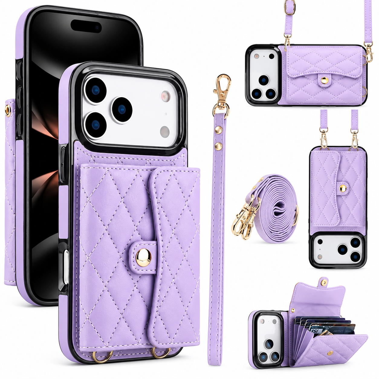 Premium iPhone Case Crossbody Wallet Cover Leather Card Holder Coin Pocket Shoulder Strap Wrist Lanyard Shockproof Full Coverage Protective Design