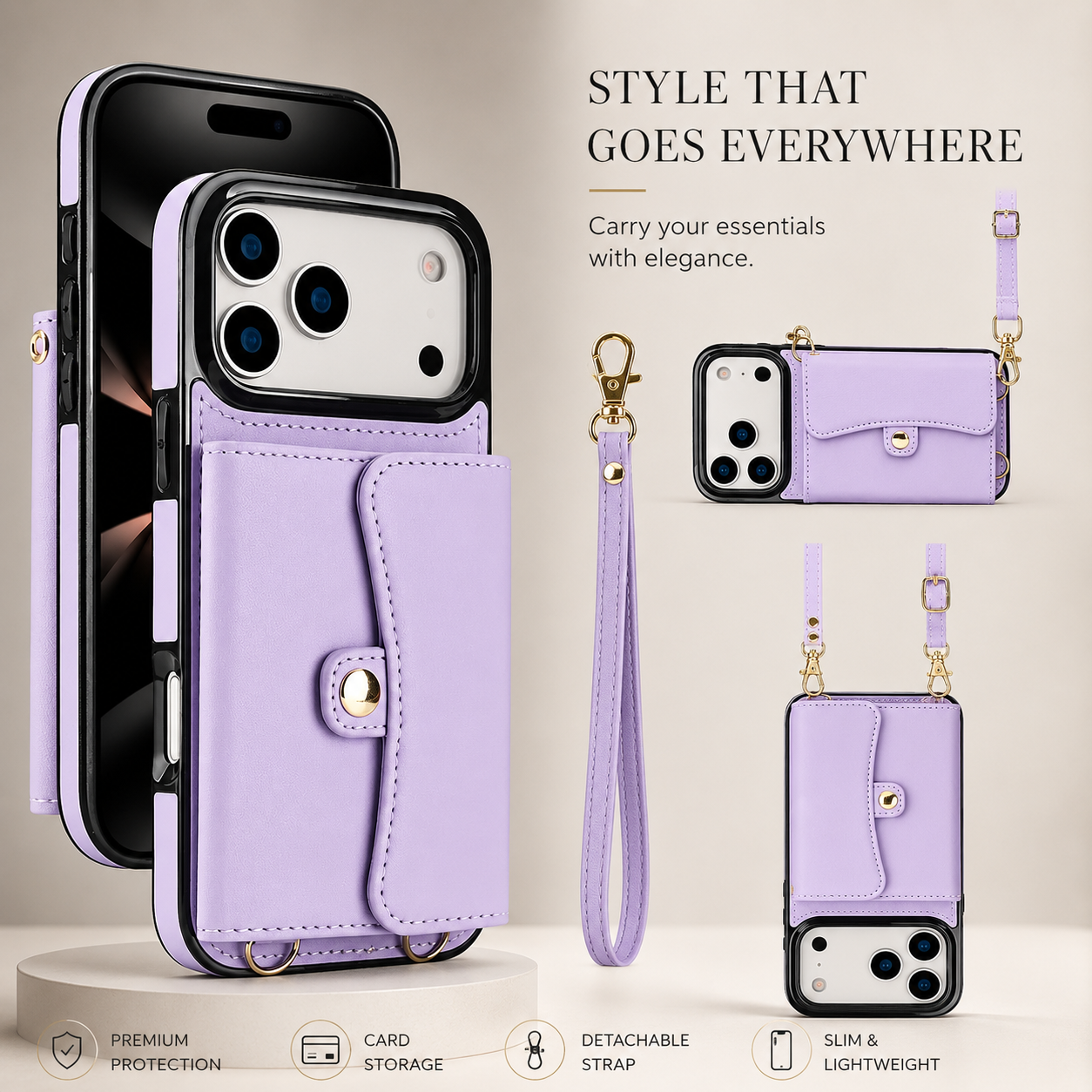 Premium iPhone Case Crossbody Wallet Cover Leather Card Holder Coin Pocket Shoulder Strap Wrist Lanyard Shockproof Full Coverage Protective Design