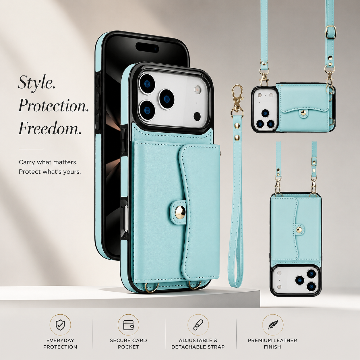 Premium iPhone Case Crossbody Wallet Cover Leather Card Holder Coin Pocket Shoulder Strap Wrist Lanyard Shockproof Full Coverage Protective Design