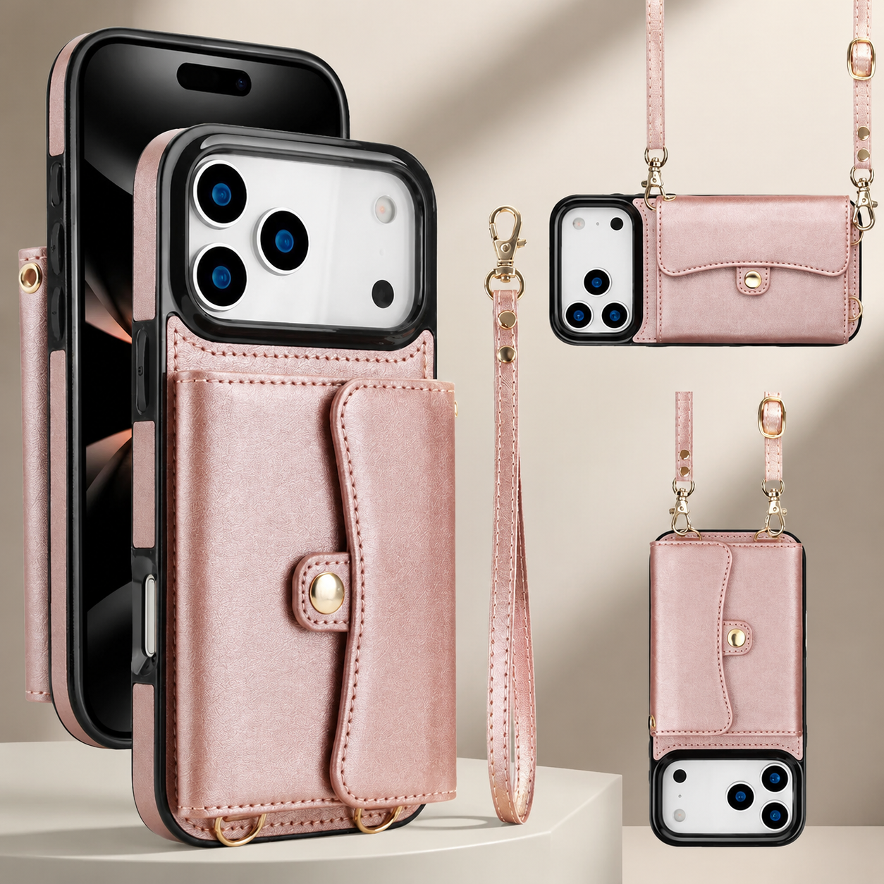 Premium iPhone Case Crossbody Wallet Cover Leather Card Holder Coin Pocket Shoulder Strap Wrist Lanyard Shockproof Full Coverage Protective Design