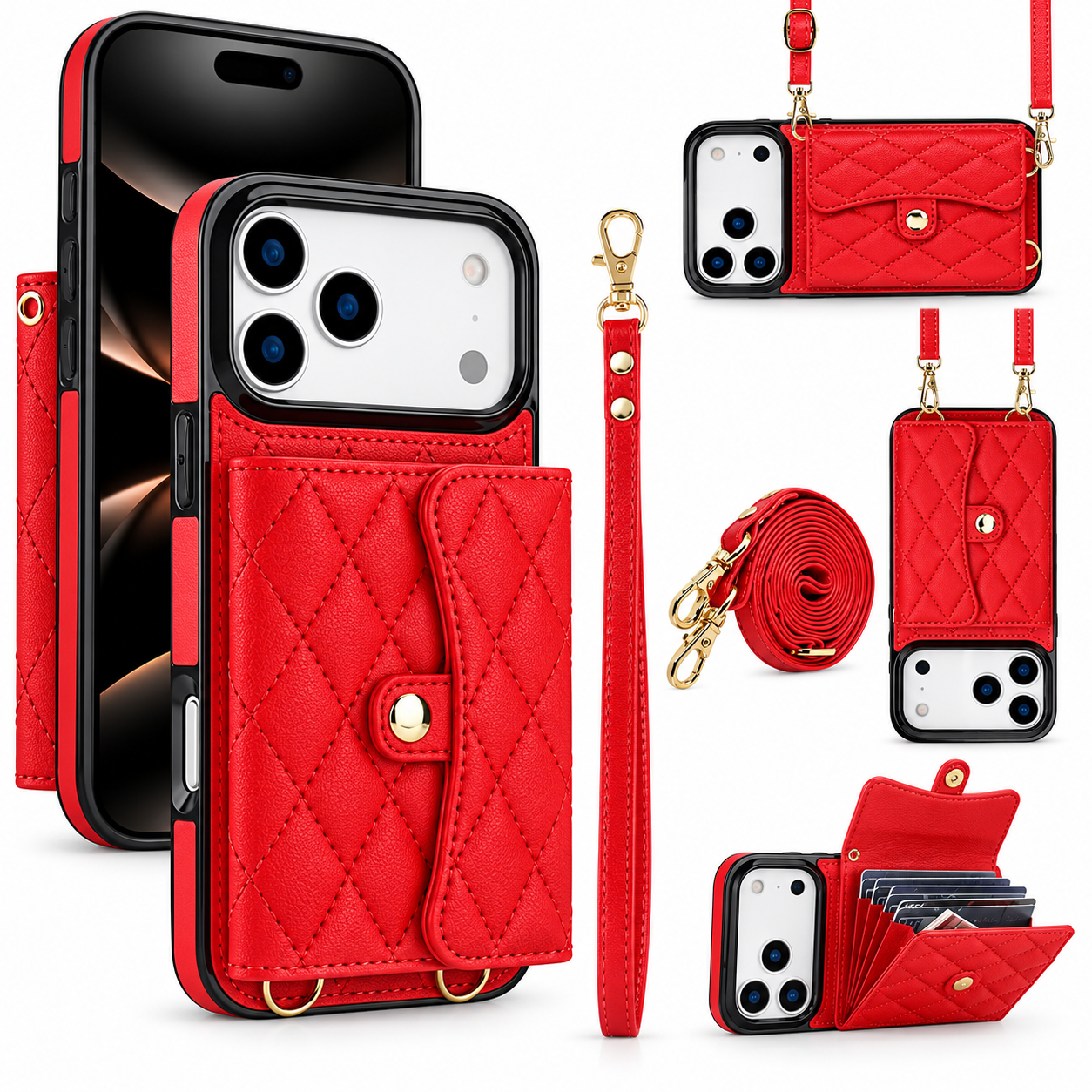 Premium iPhone Case Crossbody Wallet Cover Leather Card Holder Coin Pocket Shoulder Strap Wrist Lanyard Shockproof Full Coverage Protective Design