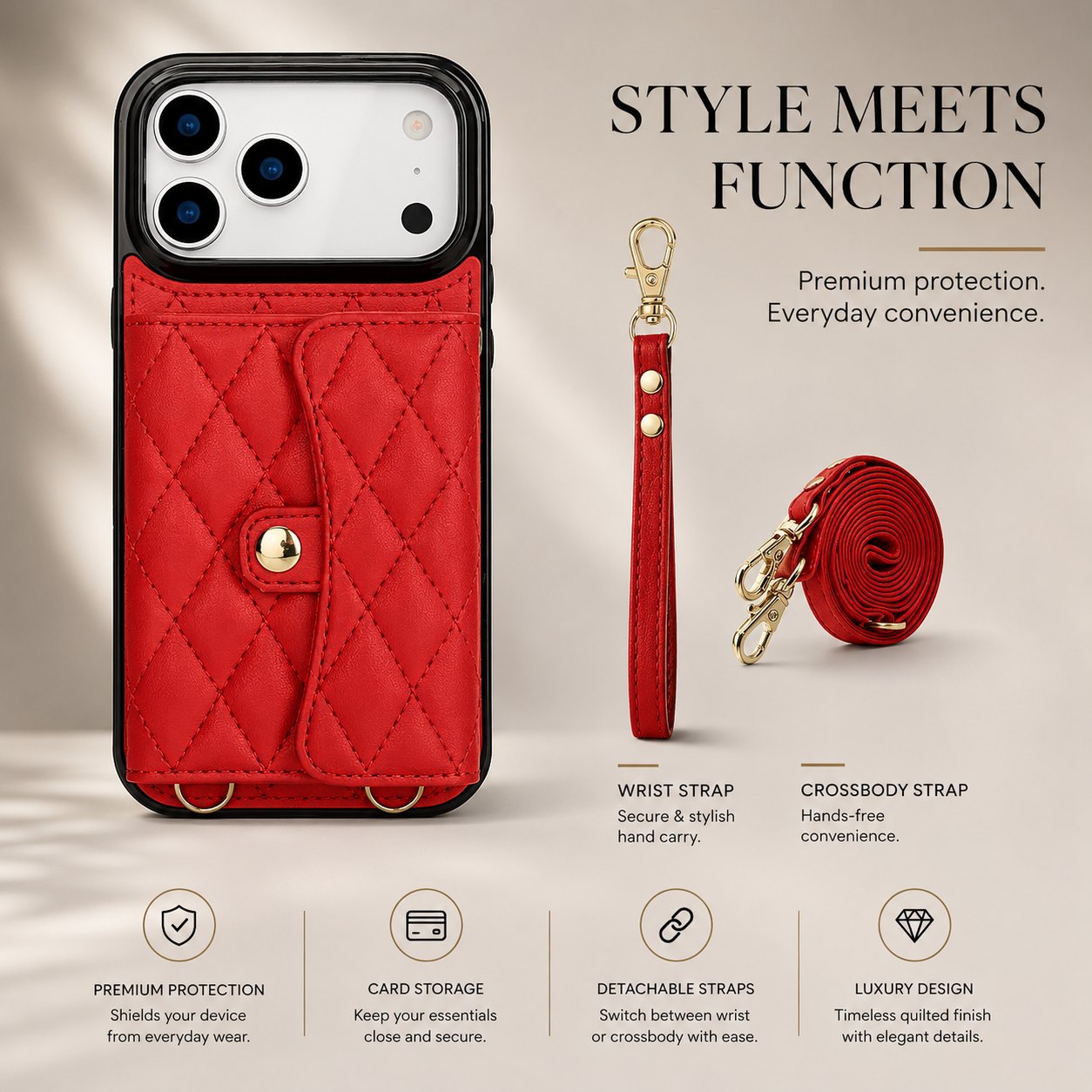 Premium iPhone Case Crossbody Wallet Cover Leather Card Holder Coin Pocket Shoulder Strap Wrist Lanyard Shockproof Full Coverage Protective Design