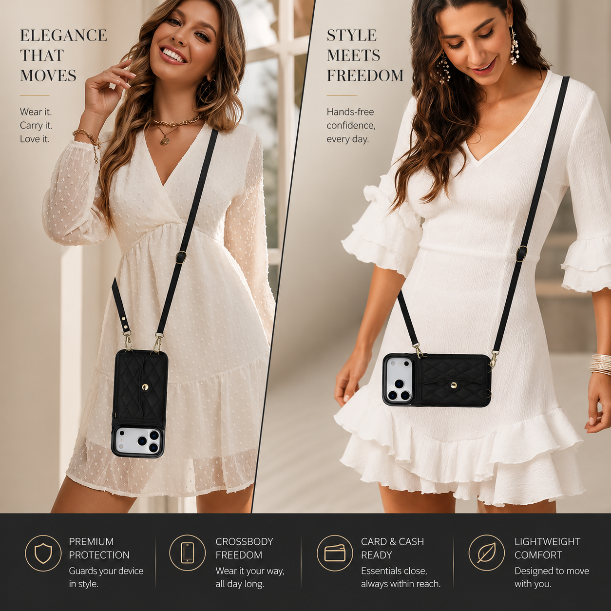 Premium iPhone Case Crossbody Wallet Cover Leather Card Holder Coin Pocket Shoulder Strap Wrist Lanyard Shockproof Full Coverage Protective Design