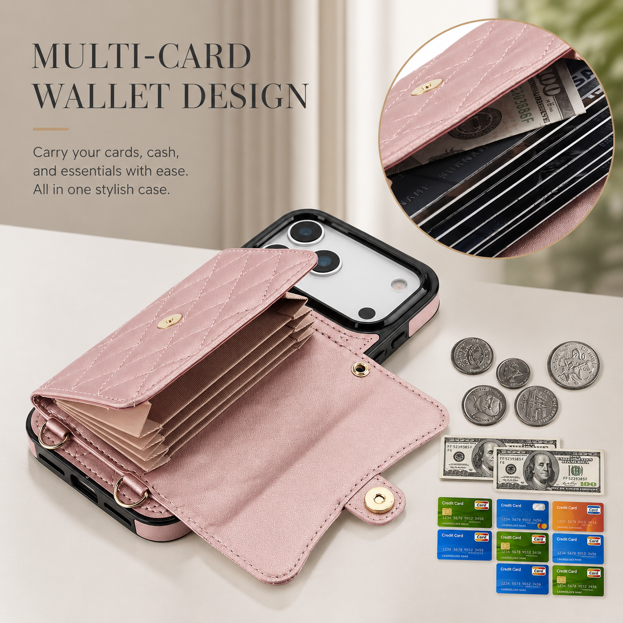 Premium iPhone Case Crossbody Wallet Cover Leather Card Holder Coin Pocket Shoulder Strap Wrist Lanyard Shockproof Full Coverage Protective Design