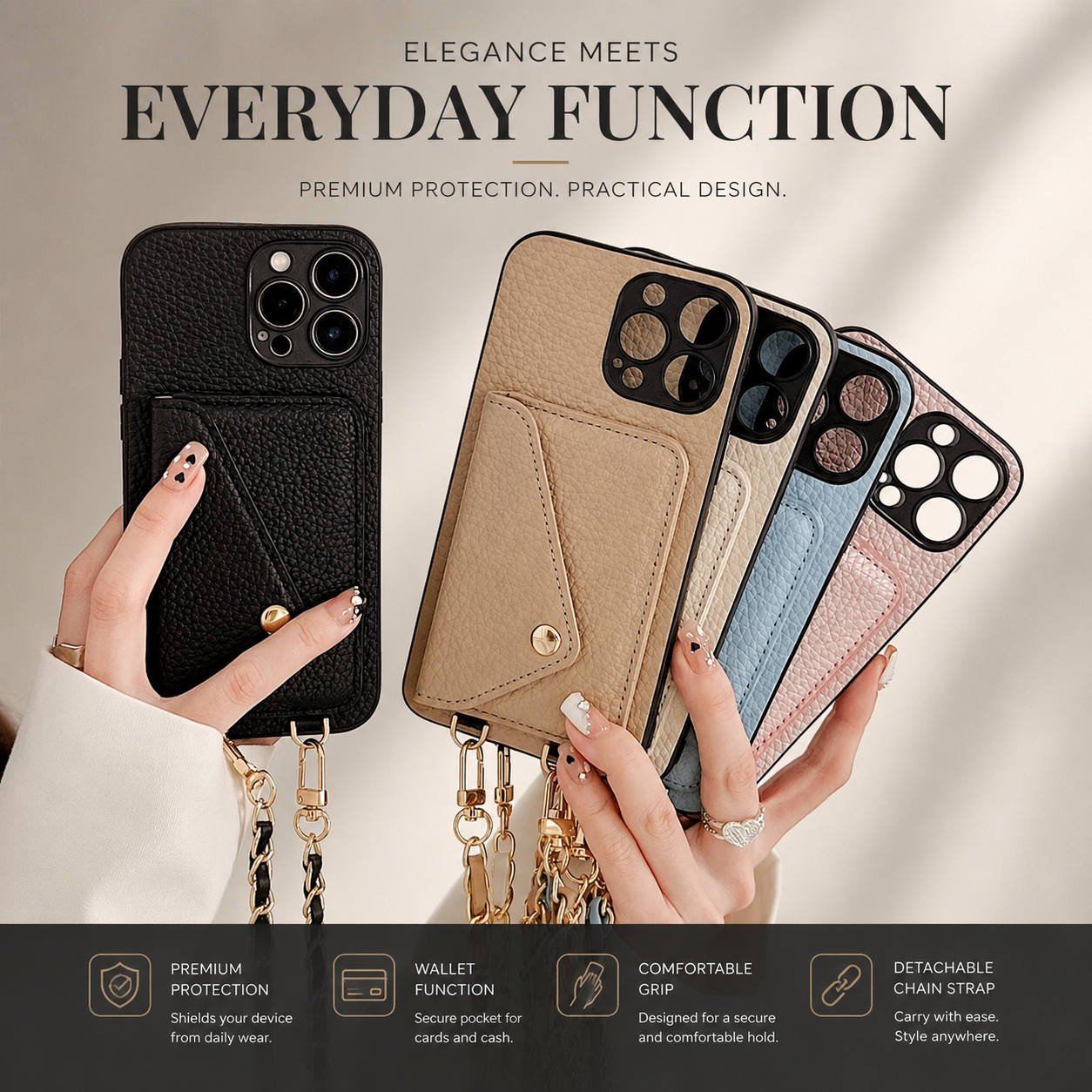 Premium iPhone Case Crossbody Wallet Cover PU Leather Card Holder Chain Strap Shockproof Anti Scratch Slim Lightweight Full Coverage Protective Design