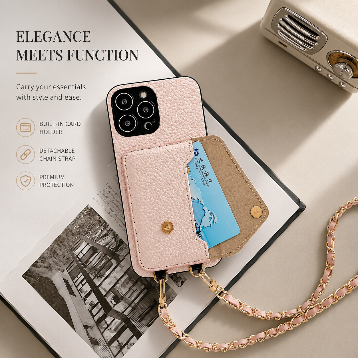 Premium iPhone Case Crossbody Wallet Cover PU Leather Card Holder Chain Strap Shockproof Anti Scratch Slim Lightweight Full Coverage Protective Design