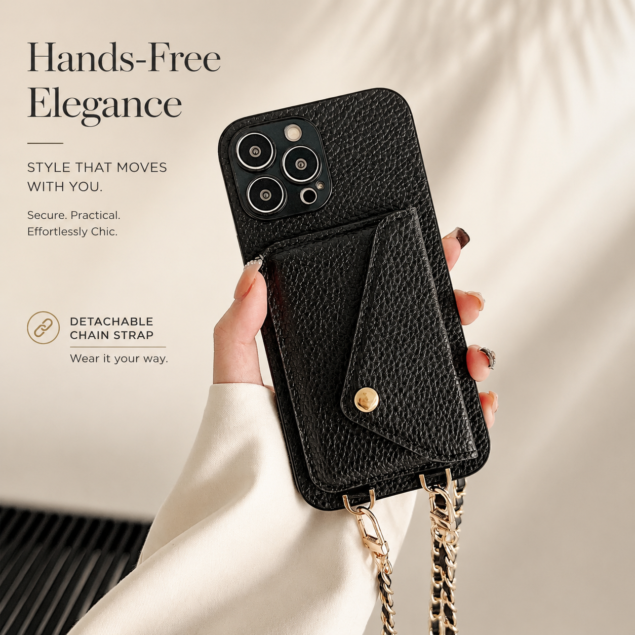 Premium iPhone Case Crossbody Wallet Cover PU Leather Card Holder Chain Strap Shockproof Anti Scratch Slim Lightweight Full Coverage Protective Design
