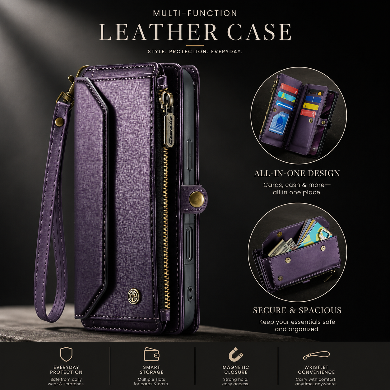 Premium iPhone Case Crossbody Wallet Cover RFID Blocking PU Leather Card Holder Shoulder Lanyard Wrist Strap Shockproof Full Coverage Protective Design