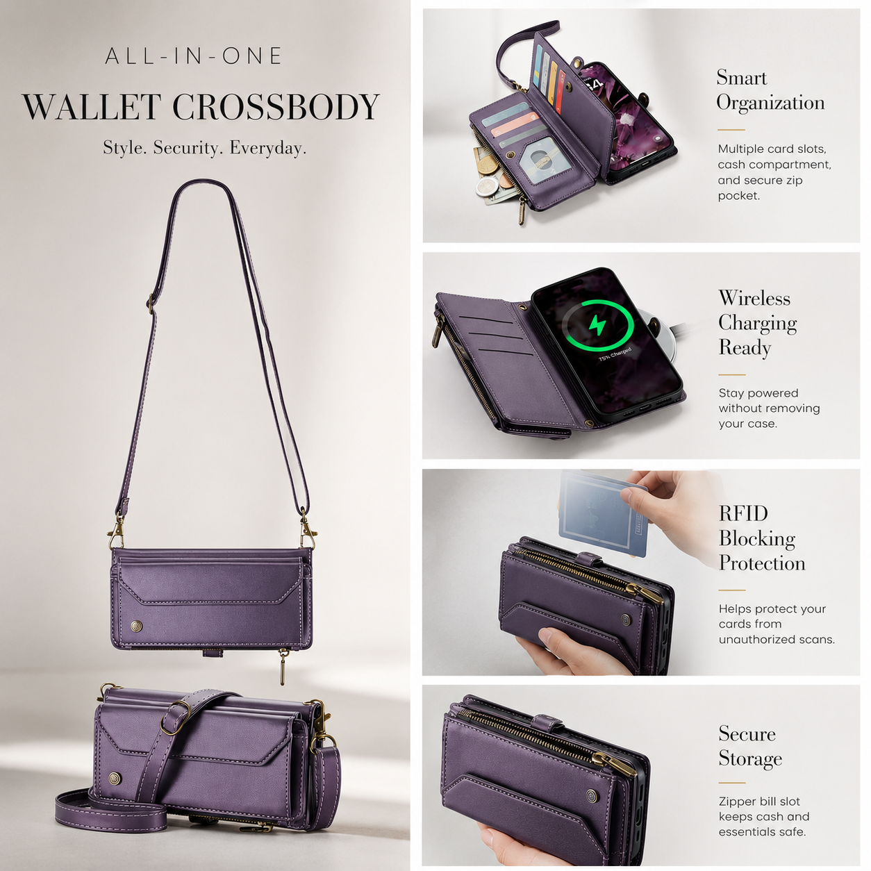 Premium iPhone Case Crossbody Wallet Cover RFID Blocking PU Leather Card Holder Shoulder Lanyard Wrist Strap Shockproof Full Coverage Protective Design