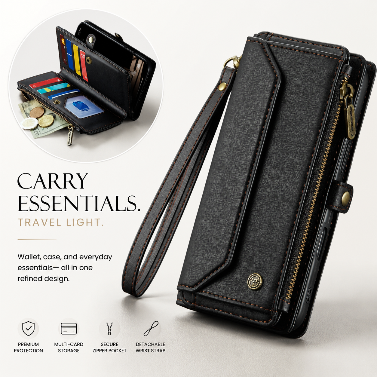 Premium iPhone Case Crossbody Wallet Cover RFID Blocking PU Leather Card Holder Shoulder Lanyard Wrist Strap Shockproof Full Coverage Protective Design
