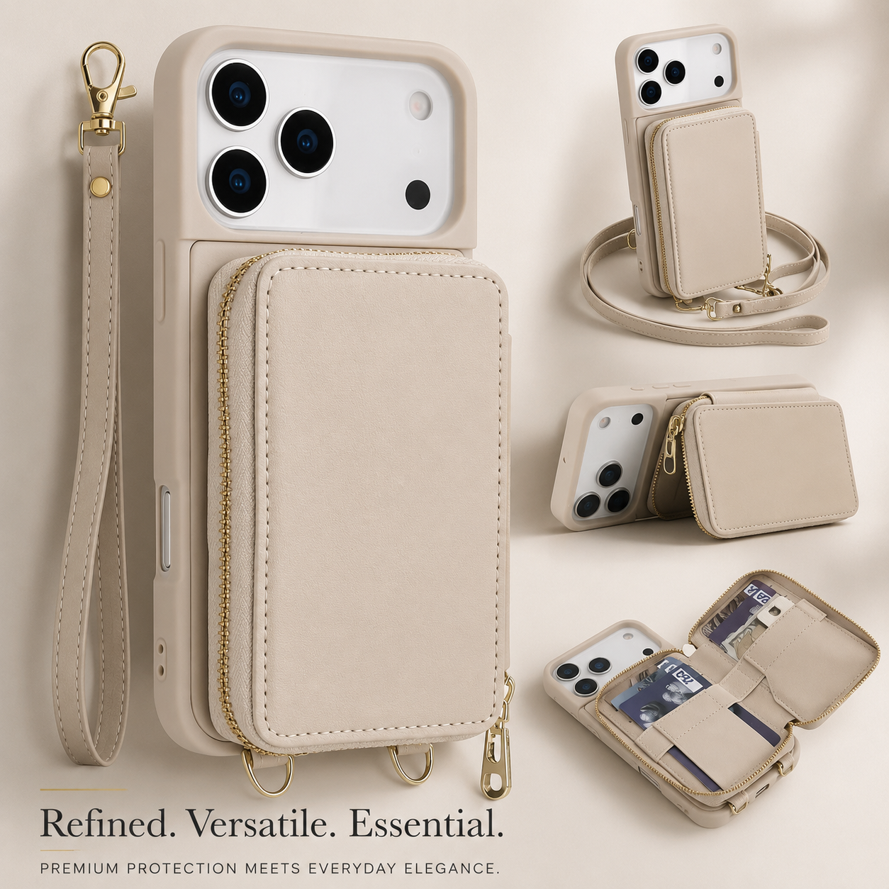 Premium iPhone Case Crossbody Wallet Leather Flip Cover RFID Card Holder Zipper Storage Shoulder Strap Shockproof Protective Full Coverage Design